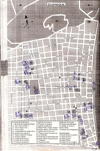 centro turístico de Guayaquil (marcações em azul são a ordem que nós andamos)
